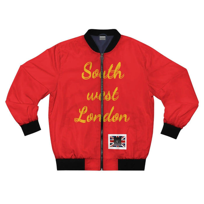 Red bomber jacket with 'South west London' text and Union Jack patch, urban fashion