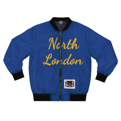 Blue bomber jacket with 'North London' text in gold and Union Jack patch on the front.