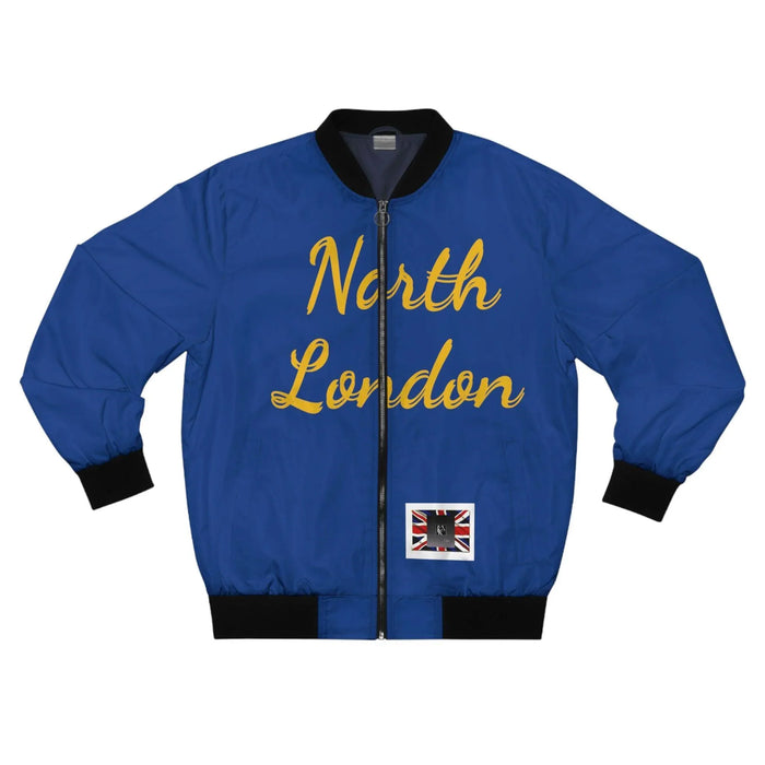 Blue bomber jacket with 'North London' text in gold and Union Jack patch on the front.