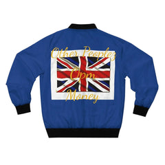 Blue bomber jacket with Union Jack flag and yellow script text on the back