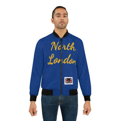 Man wearing blue bomber jacket with 'North London' text and Union Jack patch