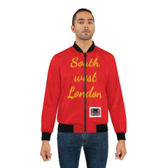 Man wearing red bomber jacket with 'South west London' text and British flag patch, urban streetwear