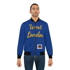 Man wearing blue bomber jacket with 'West London' gold script and UK flag patch