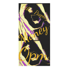 Black and yellow cotton towel with abstract pattern, gold script text reading 'Other Peoples Money Opm'.