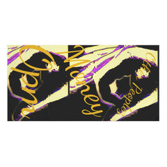 Luxury cotton towel with bold abstract black, yellow, and purple design and graphic text.