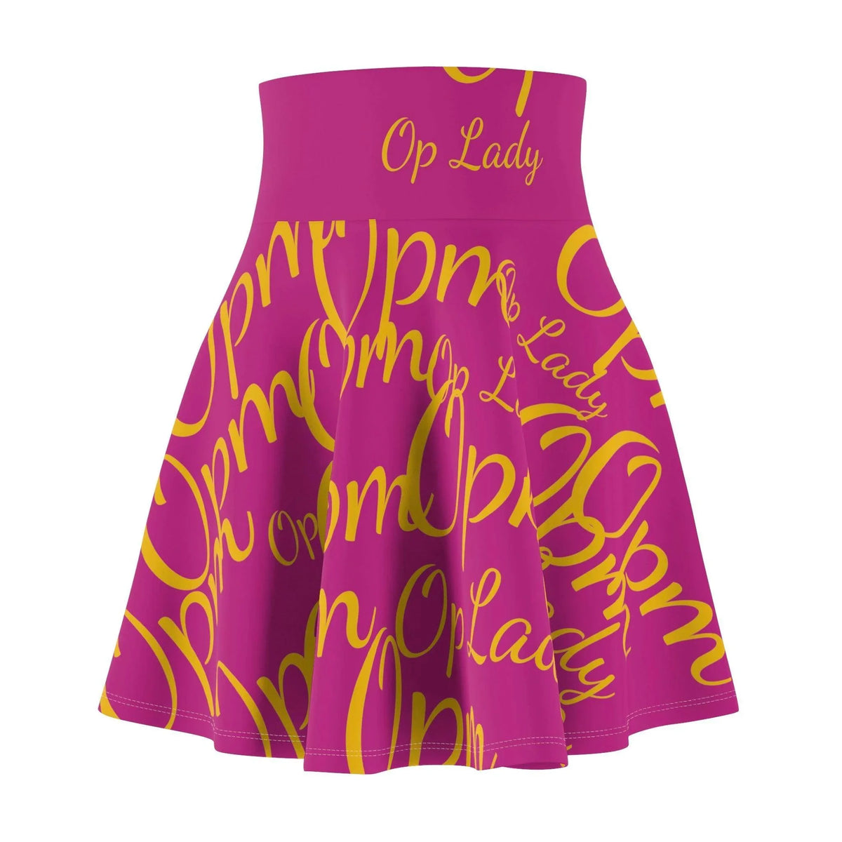 Pink women's skater skirt with yellow 'Op Lady' script pattern, urban streetwear style