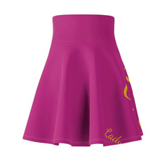 Pink women's skater skirt with high waist and yellow script detail on the hem