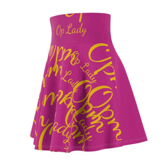 Pink women's skater skirt with yellow 'Op Lady' script print, high-waisted style