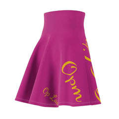 Pink women's skater skirt with yellow script print and a high waistband, urban streetwear