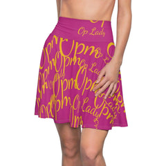 Pink women's skater skirt with yellow 'Op Lady' script print, urban streetwear style