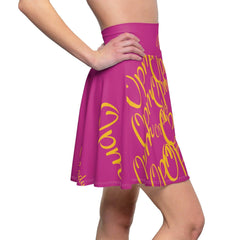 Pink women’s skater skirt with yellow script design, high waist, side view