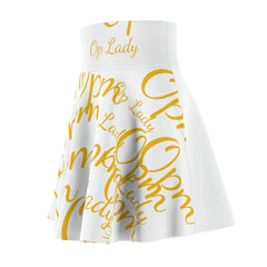 White women's skater skirt with yellow script 'Op Lady' print, urban streetwear fashion.