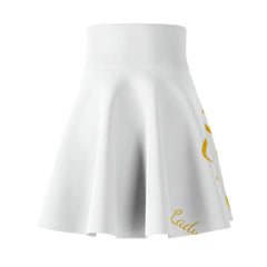 White women's skater skirt with gold script detail, flared design, urban fashion style