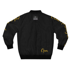 Black bomber jacket with gold script text and 'Opm' on the back and sleeves
