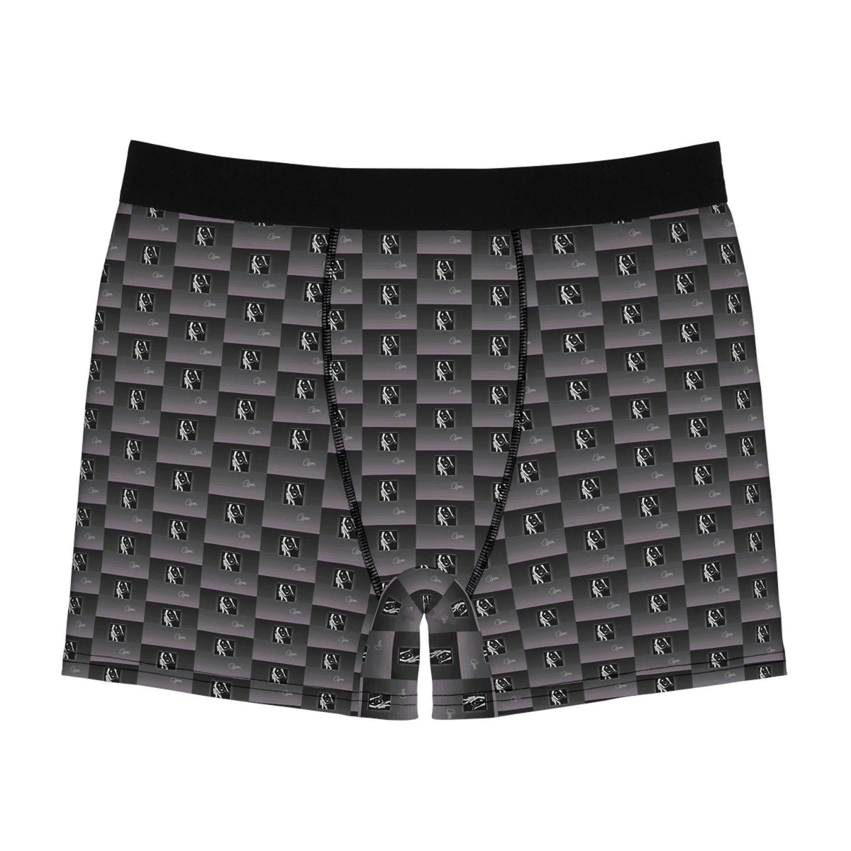Men’s black boxer briefs with gradient checkerboard pattern and small logos