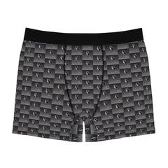 Men’s black boxer briefs with gradient checkerboard pattern and small logos
