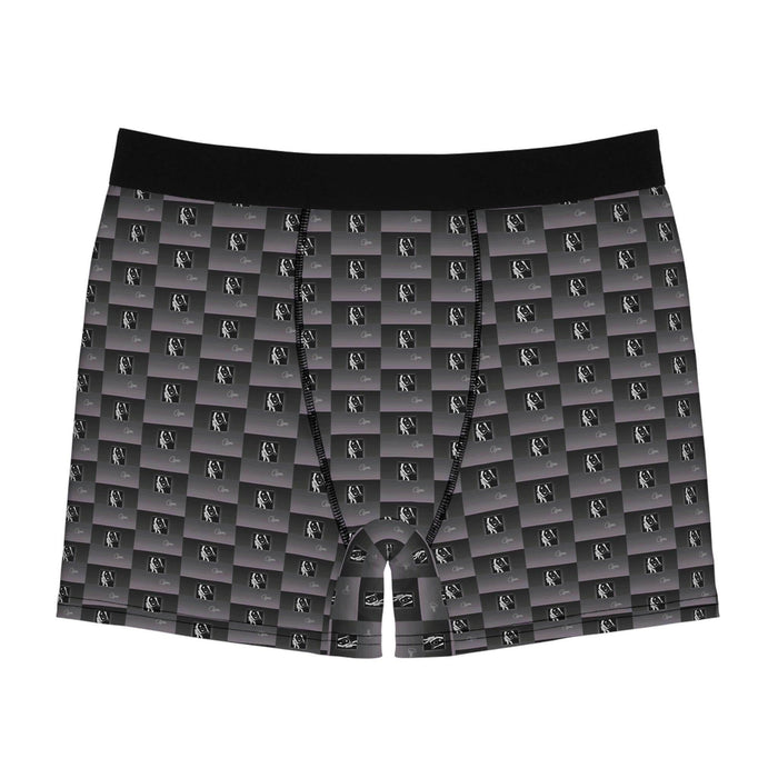 Men’s black boxer briefs with gradient checkerboard pattern and small logos
