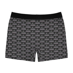 Men’s black and grey boxer briefs with geometric square logo pattern, black waistband
