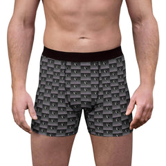 Men's boxer briefs with black and gray geometric checkered logo pattern