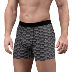 Men's black and gray boxer briefs with checkered logo pattern, fitted streetwear style