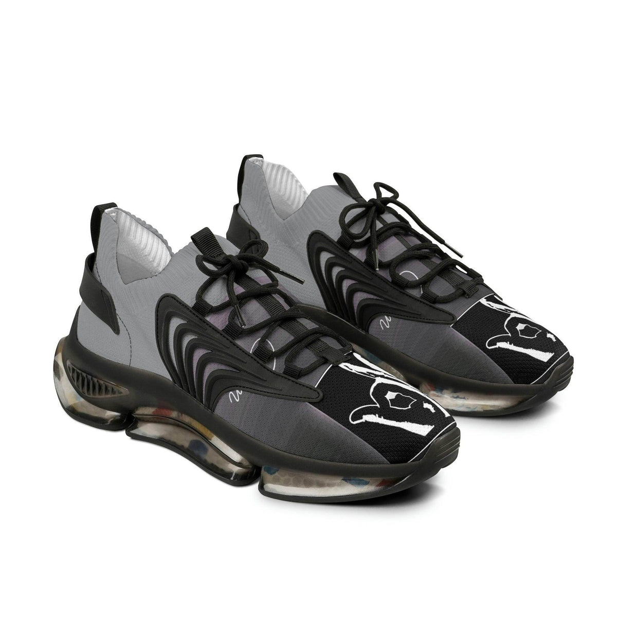 Black and gray mesh sneakers with bold sole and graphic hand sign design on the toe