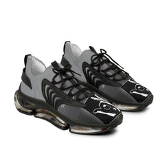 Black and gray mesh sneakers with bold sole and graphic hand sign design on the toe