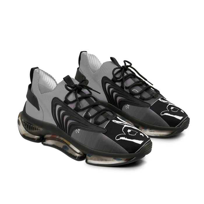 Black and gray mesh sneakers with bold sole and graphic hand sign design on the toe