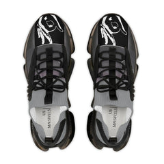 Black mesh sneakers with white hand sign graphic, thick sole, and black laces, top view
