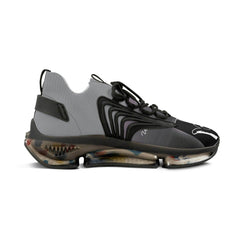 Modern mesh sneaker in grey and black with chunky transparent sole and abstract details