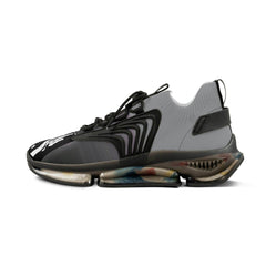 Modern black and grey mesh sneaker with bold sole and abstract side design, side view