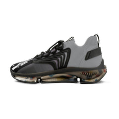 Gray and black mesh sneaker with unique air-cushioned sole and abstract graphic details