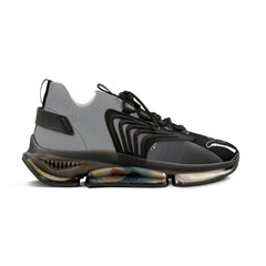 Black and grey mesh sneaker with unique sole, bold side design, and urban streetwear style
