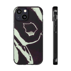 Black soft phone case with abstract white skull pattern, shown back and side view