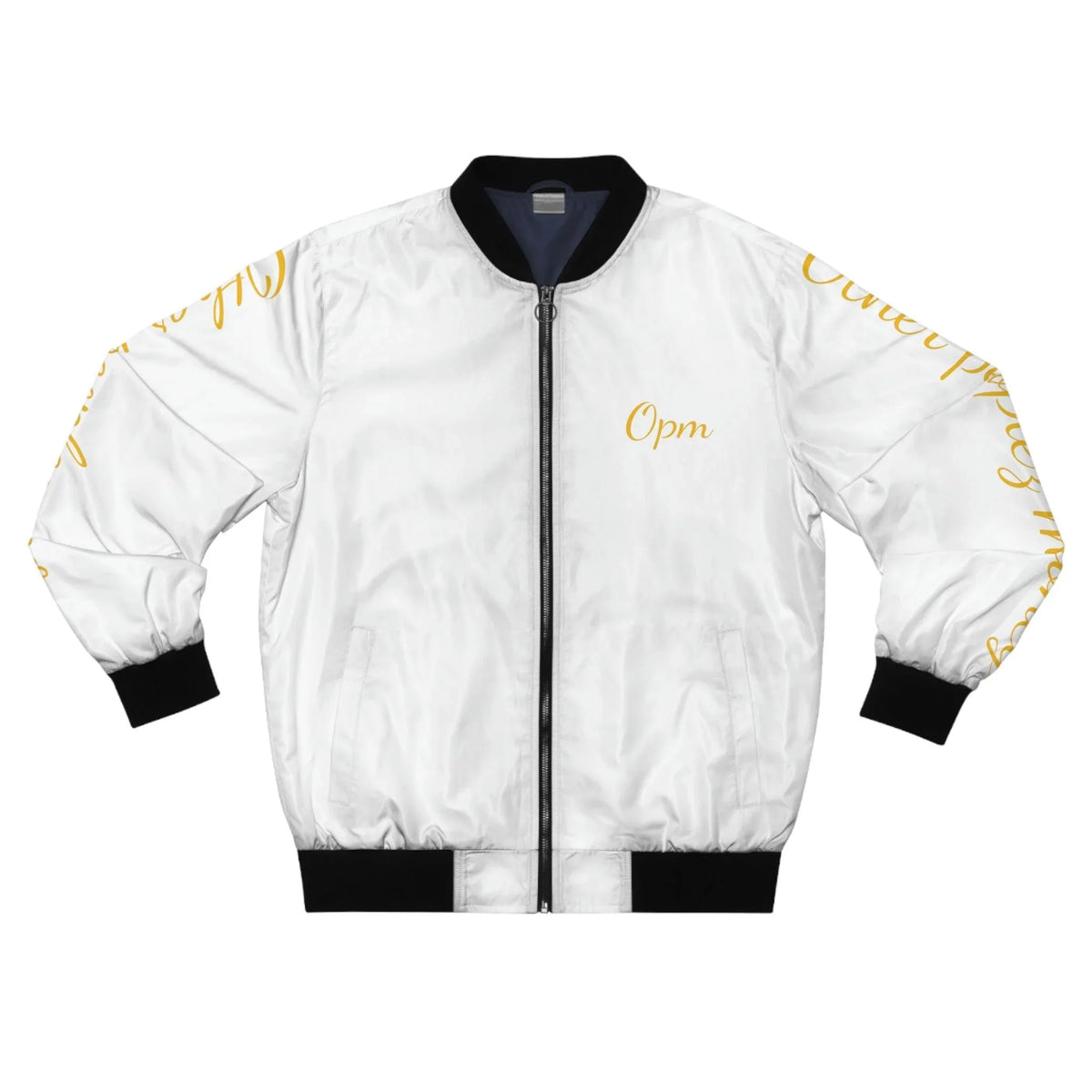 White bomber jacket with black trim, gold script accents, and Opm text on chest and sleeves