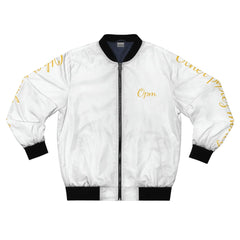 White bomber jacket with black trim, gold script accents, and Opm text on chest and sleeves