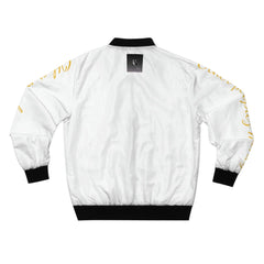 White bomber jacket with black collar and cuffs, gold script on sleeves, urban streetwear style