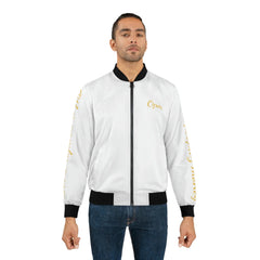 White bomber jacket with gold script, black collar and cuffs, modeled by a man in jeans