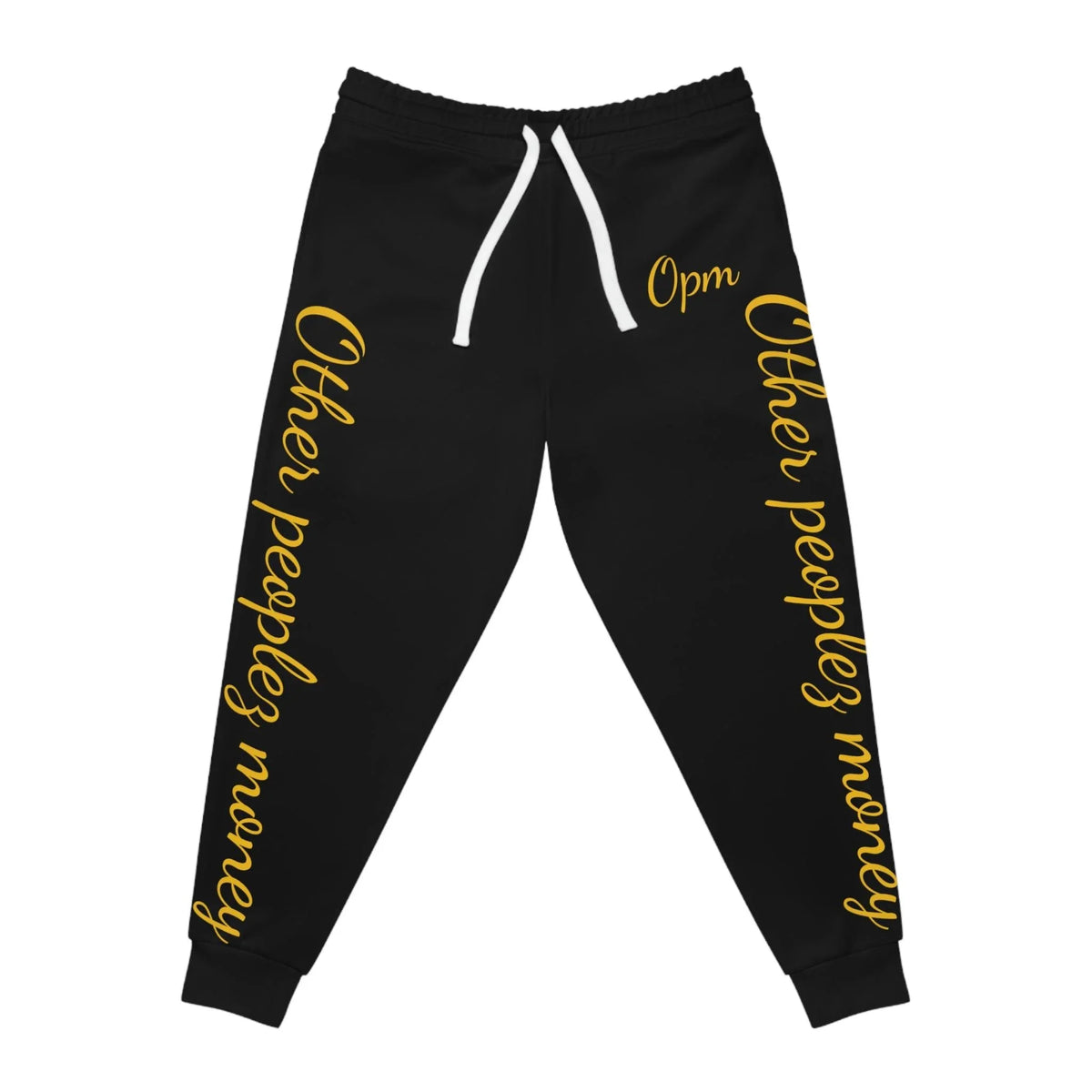 Black joggers with yellow 'Other peoplesz money' and 'Opm' text, white drawstring