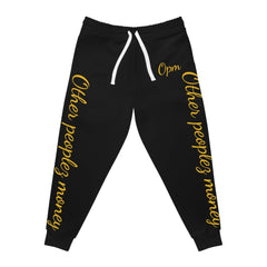 Black joggers with yellow 'Other peoples money' script and white drawstring