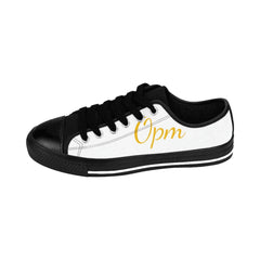 Black and white low top sneaker with yellow 'Opm' text, streetwear style