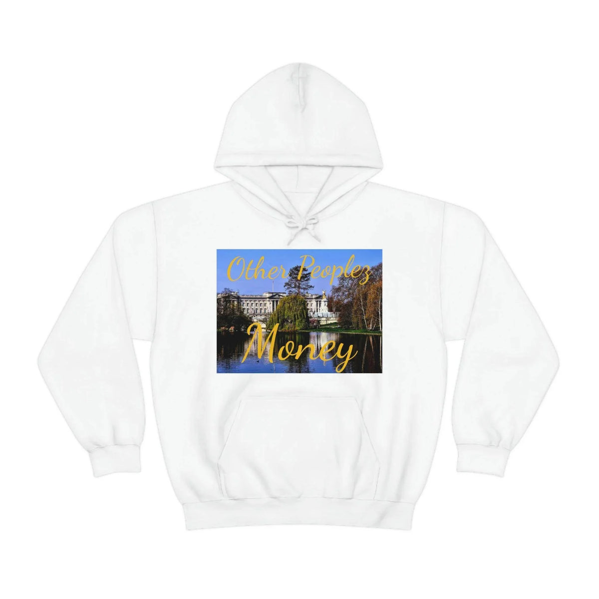 White unisex hoodie with 'Other Peoples Money' and palace graphic on chest