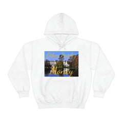 White unisex hoodie with 'Other Peoples Money' and palace graphic on chest