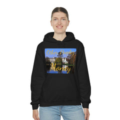 Woman wearing black hoodie with 'Other Peoplez Money' castle graphic, casual streetwear style