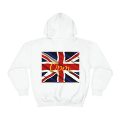 White hoodie with Union Jack flag graphic and gold 'Opm' text on the back, streetwear fashion