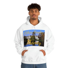 White hoodie with 'Other Peoples Money' graphic and palace print, worn by a male model
