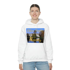 Woman wearing white hoodie with 'Other Peoplez Money' graphic and palace scene print