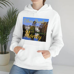 White hoodie featuring 'Other Peoplez Money' text with palace and lake graphic, worn by woman indoors