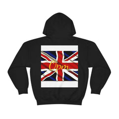 Black hooded sweatshirt with Union Jack flag and yellow Opm text on the back