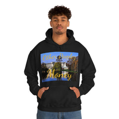 Man wearing black hooded sweatshirt with 'Other Peoples Money' and palace graphic