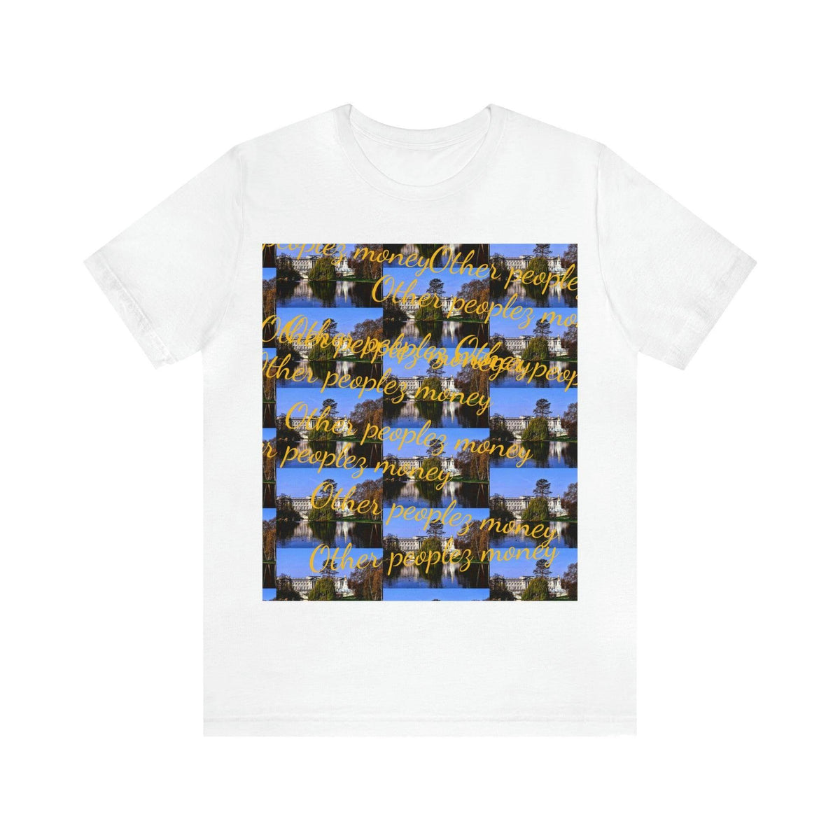 White unisex t-shirt with urban collage graphic and yellow 'Other people’s money' text print